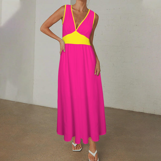 Deep V-Neck Sleeveless Hight Waisted Maxi Dress Yellow Magenta