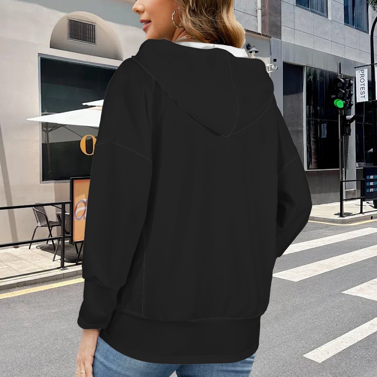 Button V Neck Pocket Hoodies Black