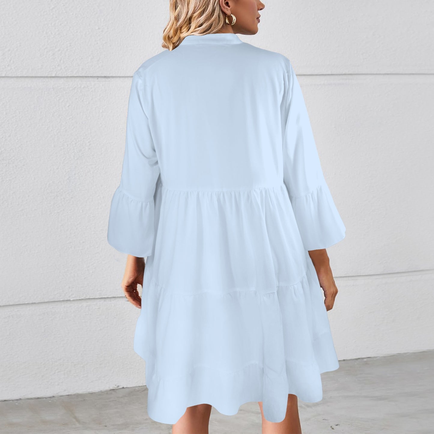 Flared Sleeve Button Tiered Shirt Dress Light Blue