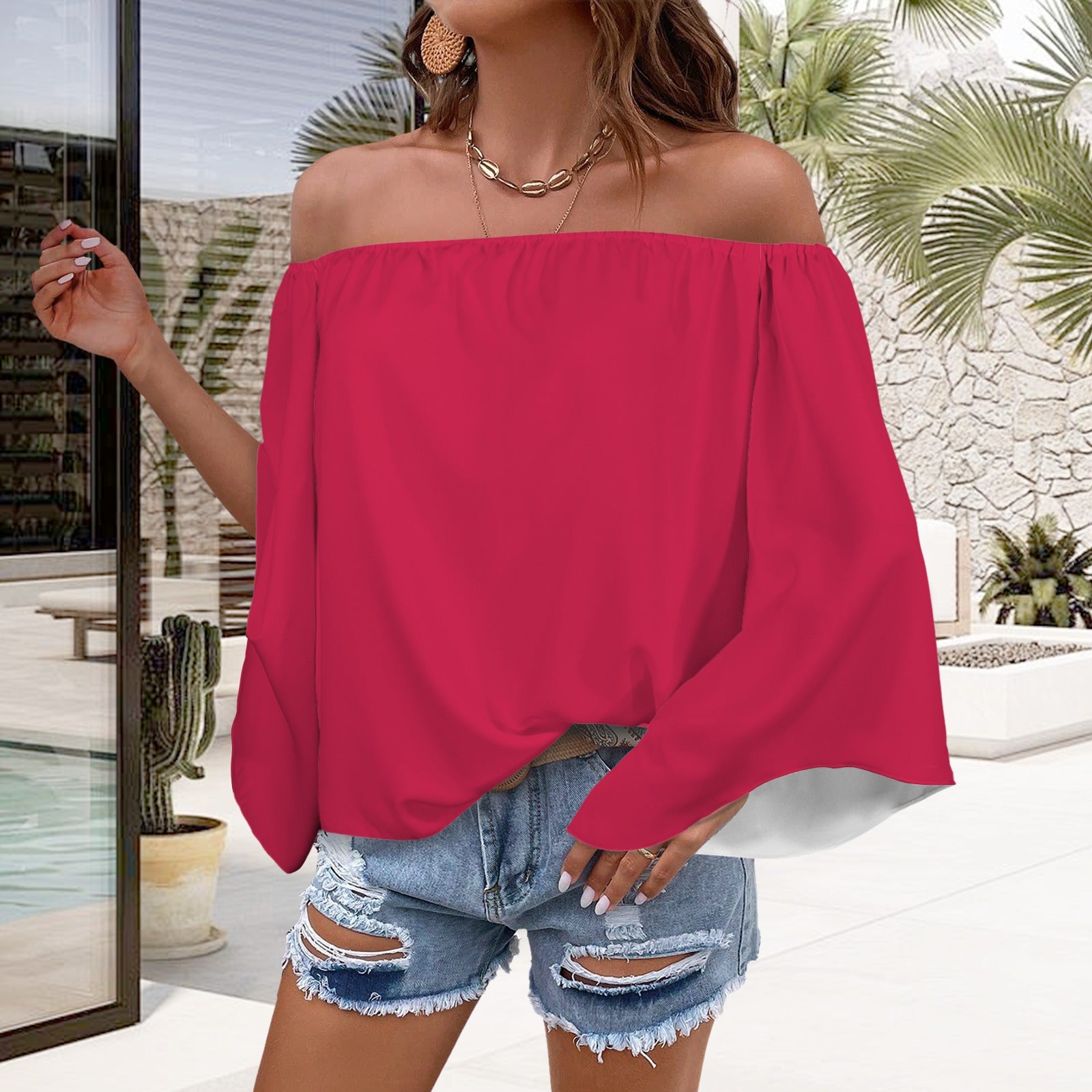 Off Shoulder Trumpet Sleeve Blouse Red