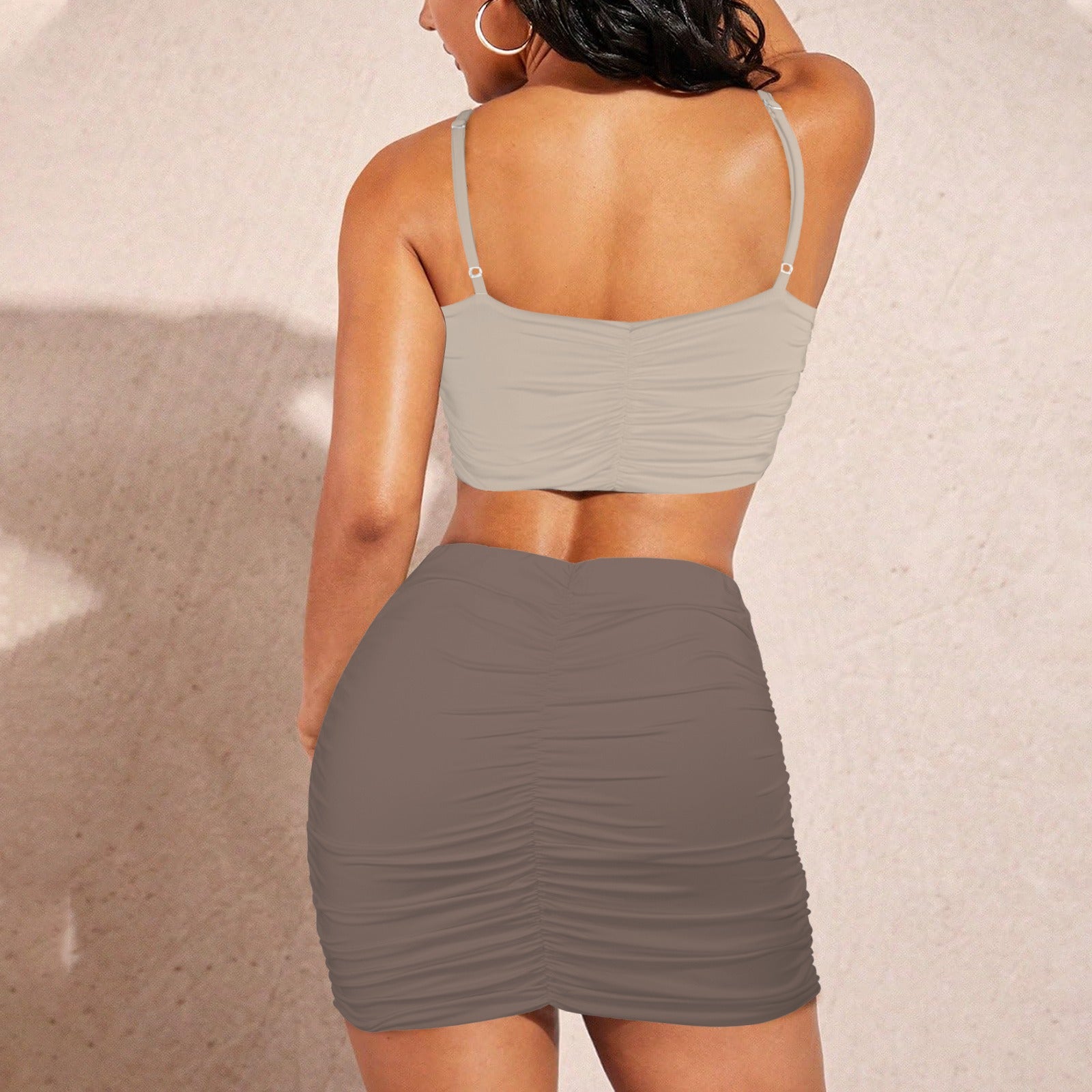 Neutral Beige Taupe Top & Ruched Bodycon Skirt