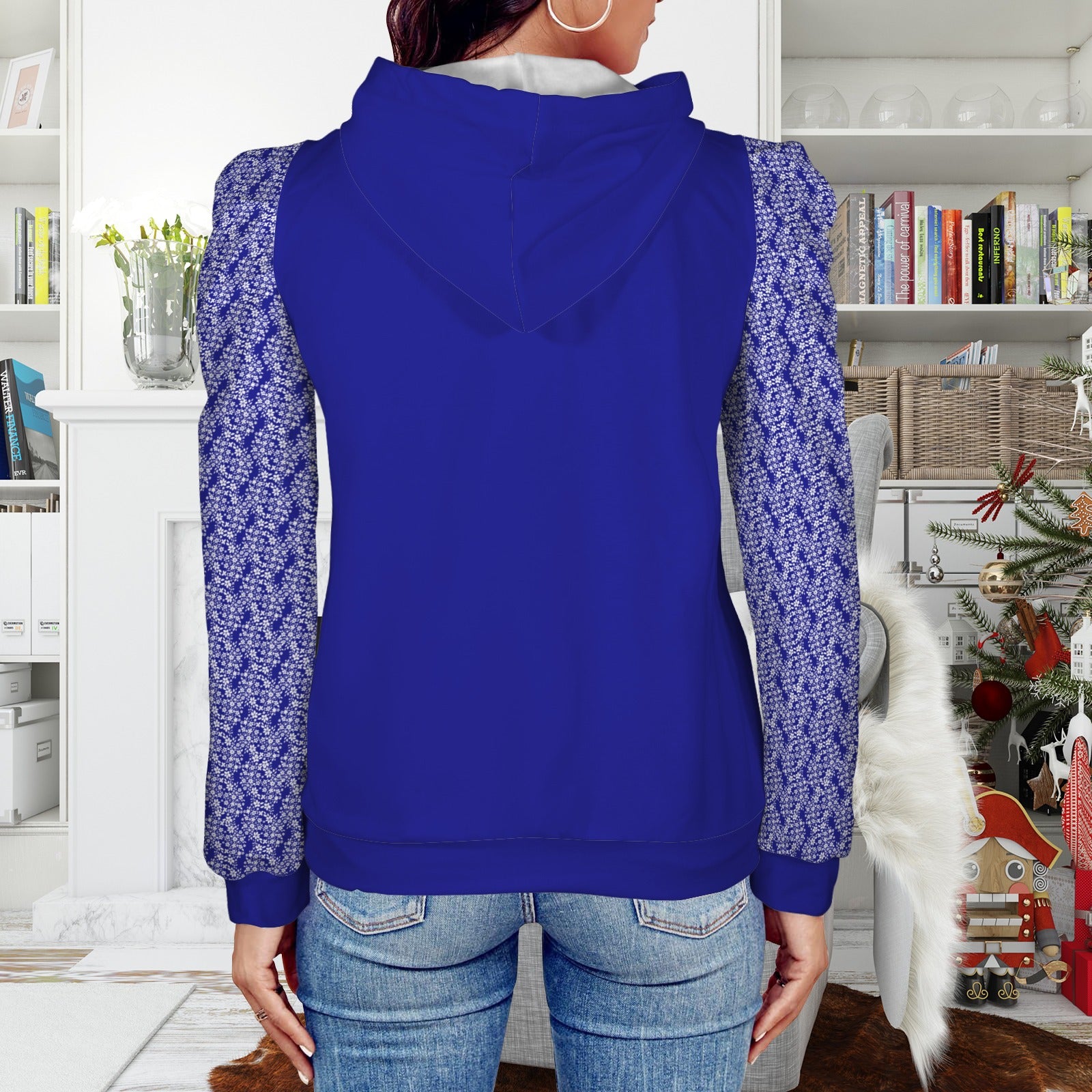 Pleated Puff Sleeve Hooded Fleece Sweatshirt Royal Blue White Floral