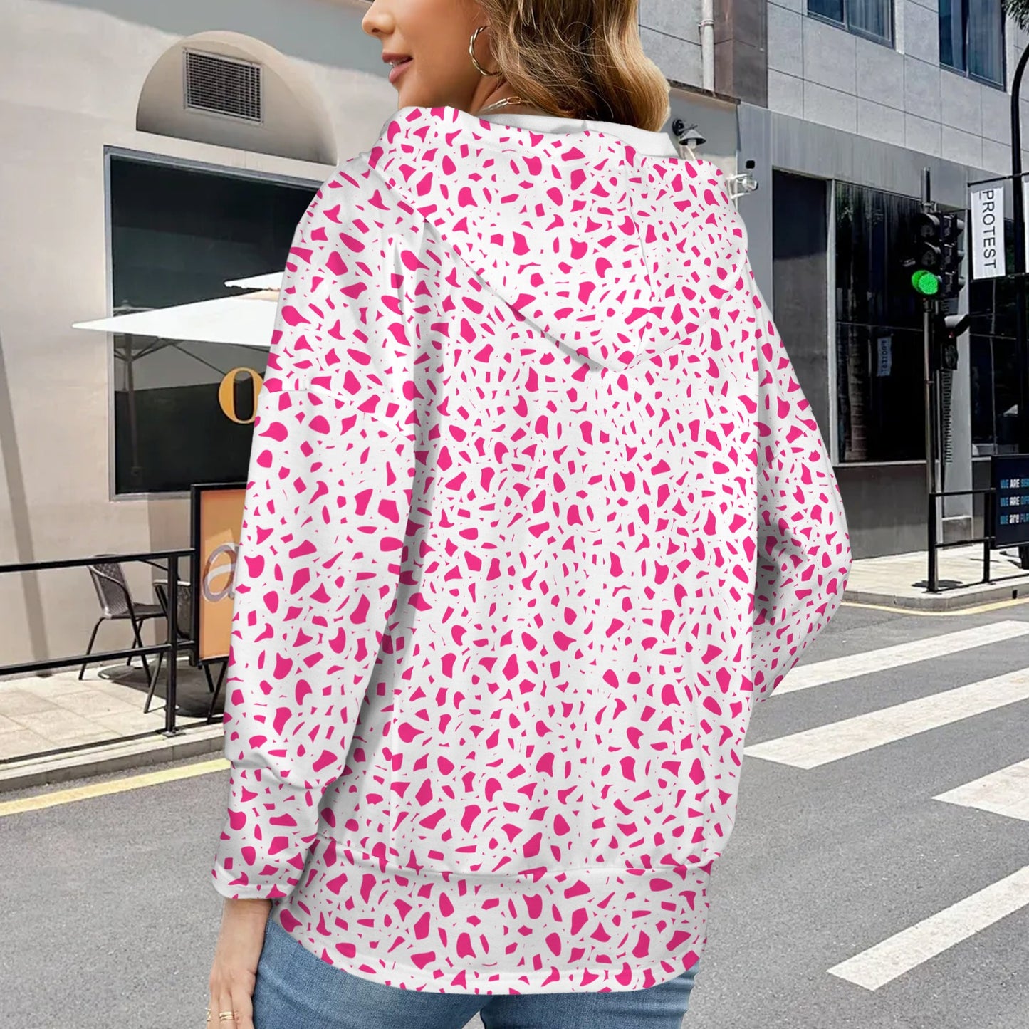 Button V Neck Pocket Hoodies Magenta White Coral