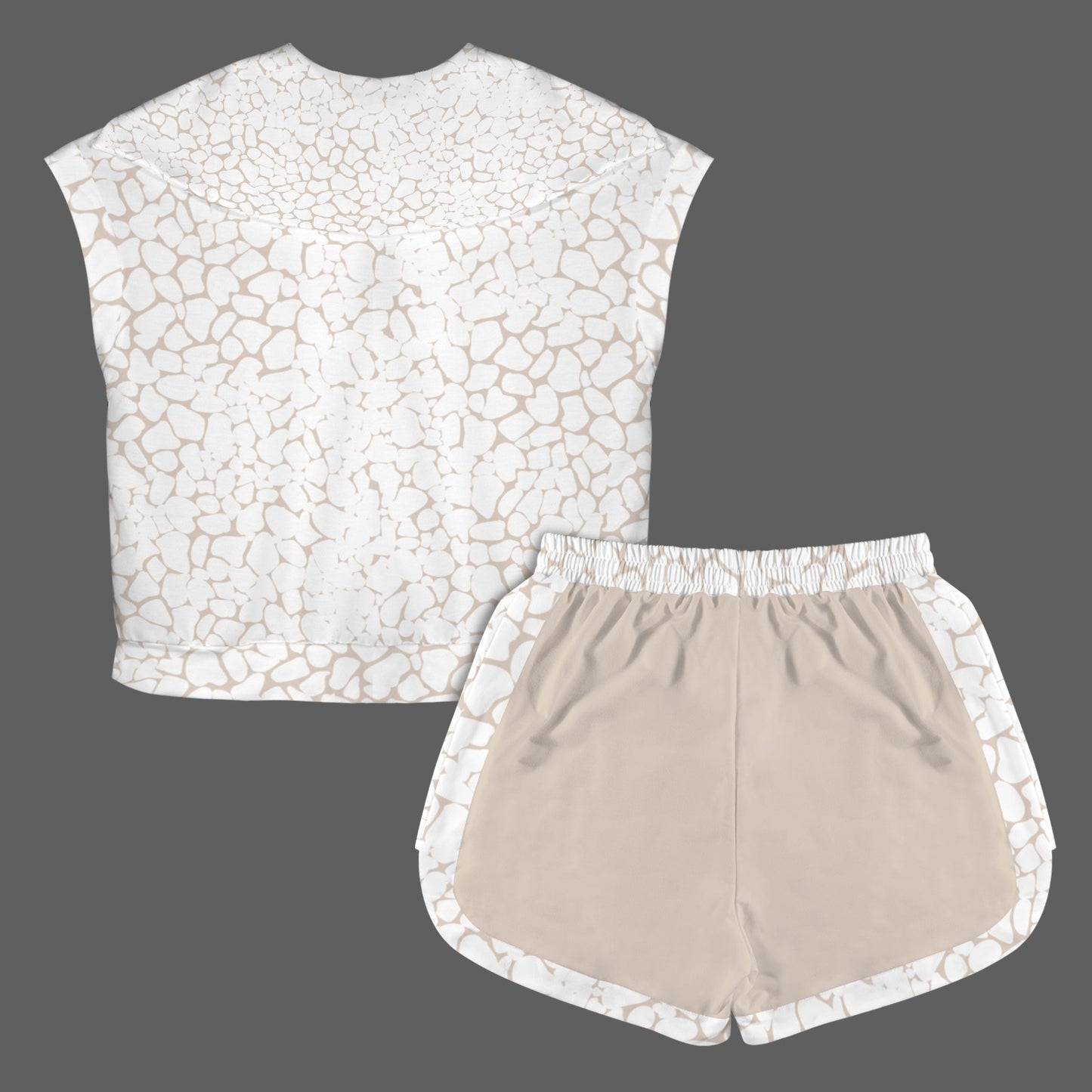 Beige Pebble Texture Short Sleeve Lapel Half Zip Top & Drawstring Shorts Set