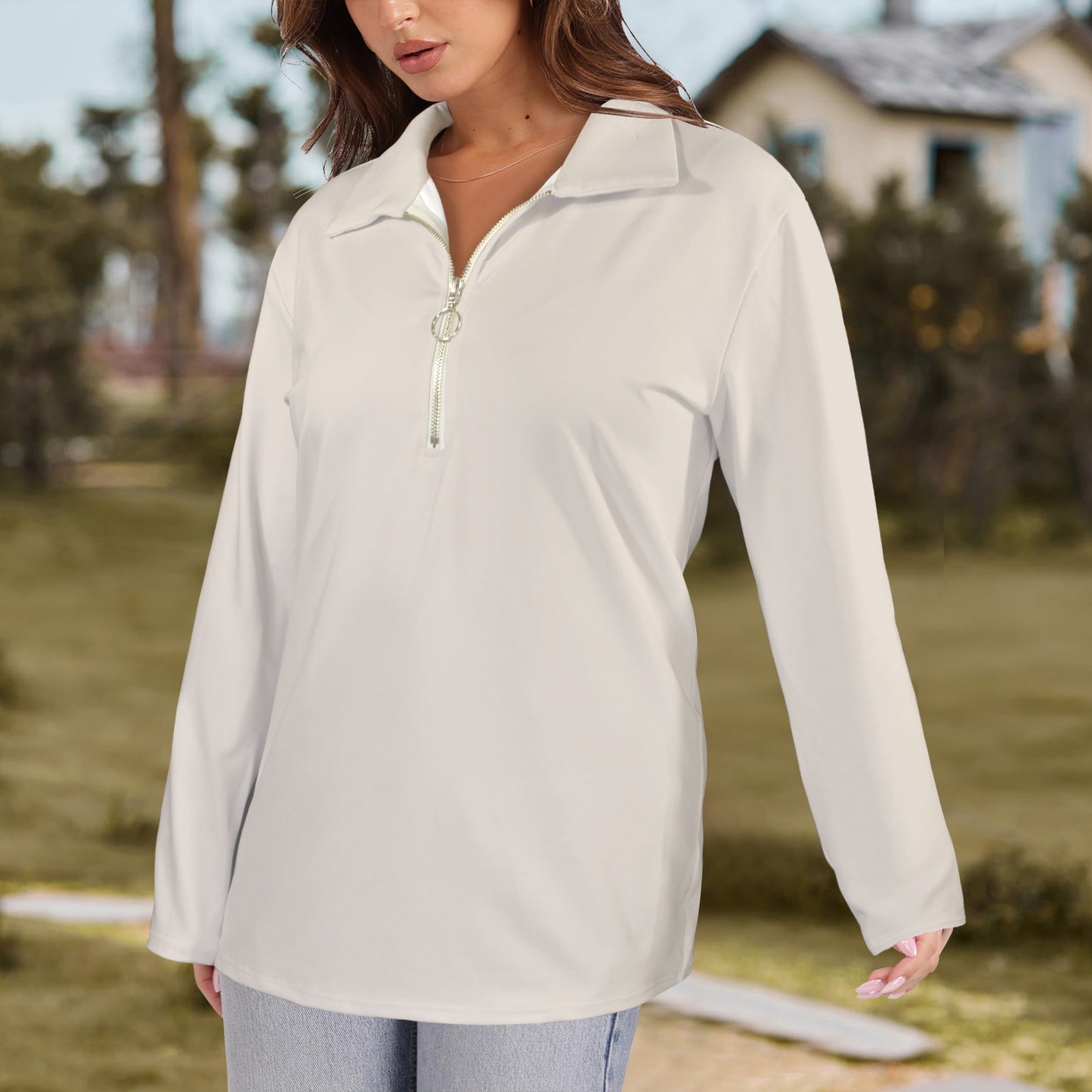 Lapel Half Zip Long Sleeve T-Shirt Natural