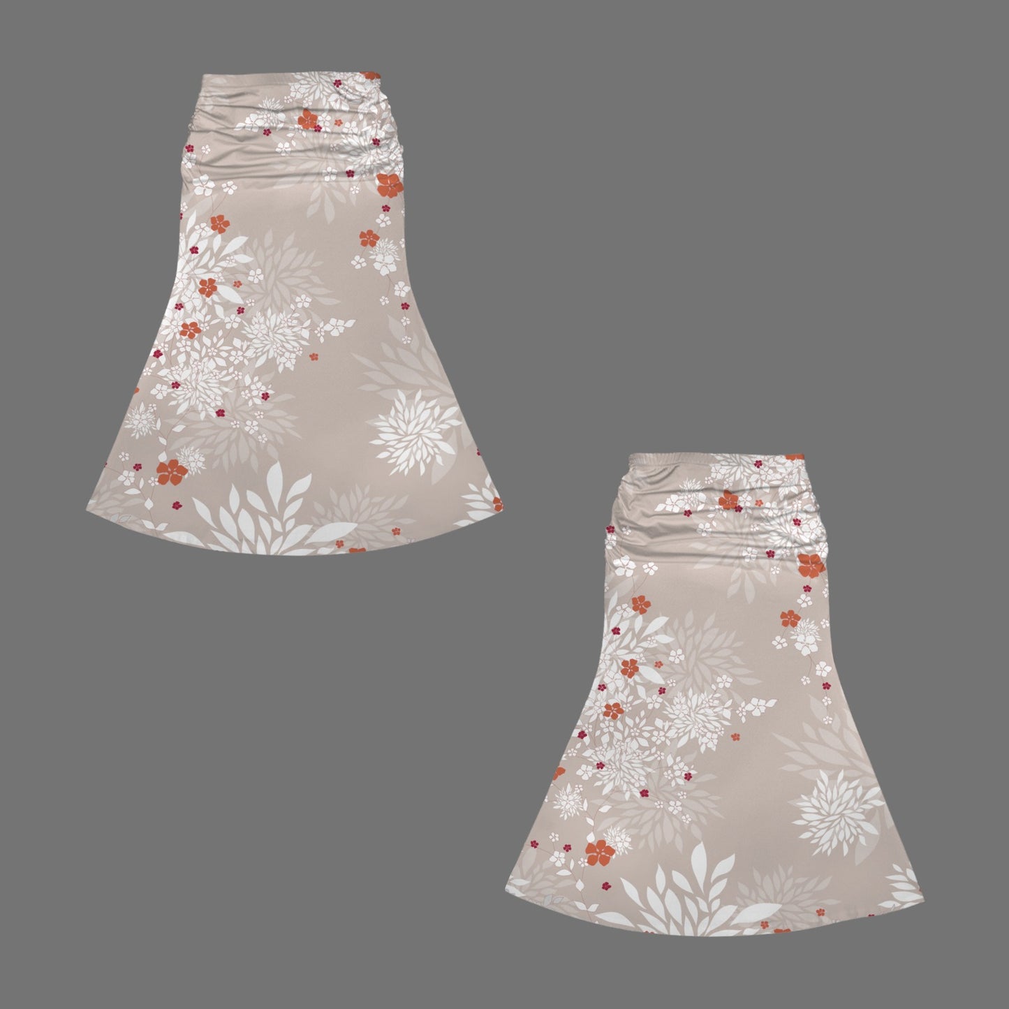 High Waist Pleated Flared Maxi Skirt Beige Blossom Print