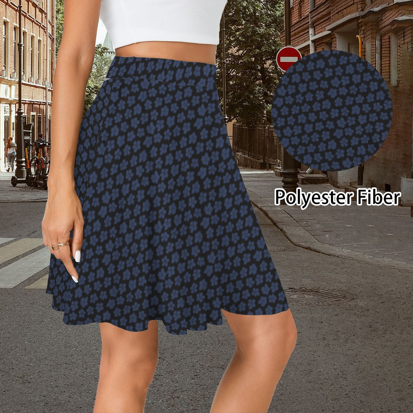 Elastic Waist Casual Flared Mini Skirt Blue Black Flower Print