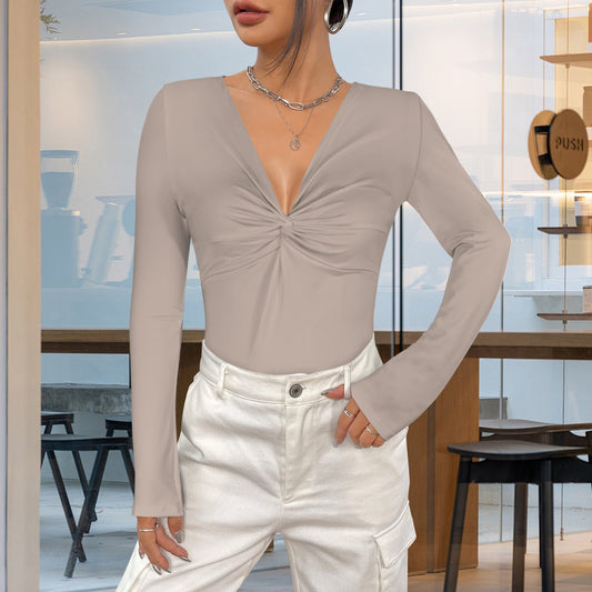 V Neck Long Sleeve Slim Fit Tops Beige