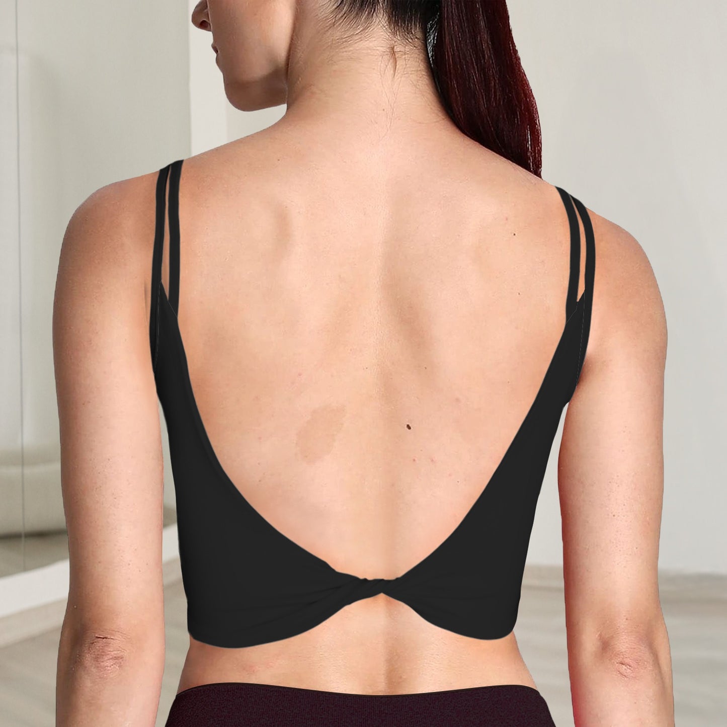 Double Shoulder Straps Backless Low Twist Back Sports Bra Black