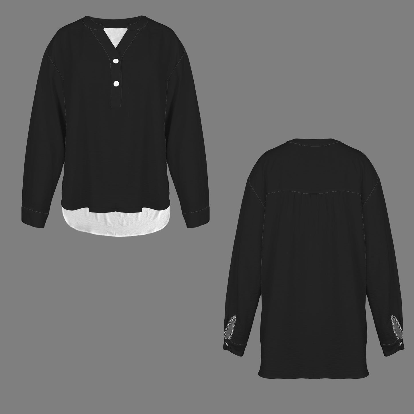 Button V Neck Long Sleeve Blouse Black