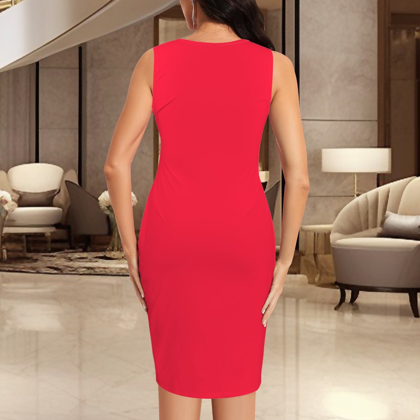 V Neck Sleeveless Faux Wrap Ruched Bodycon Dress Red Bright