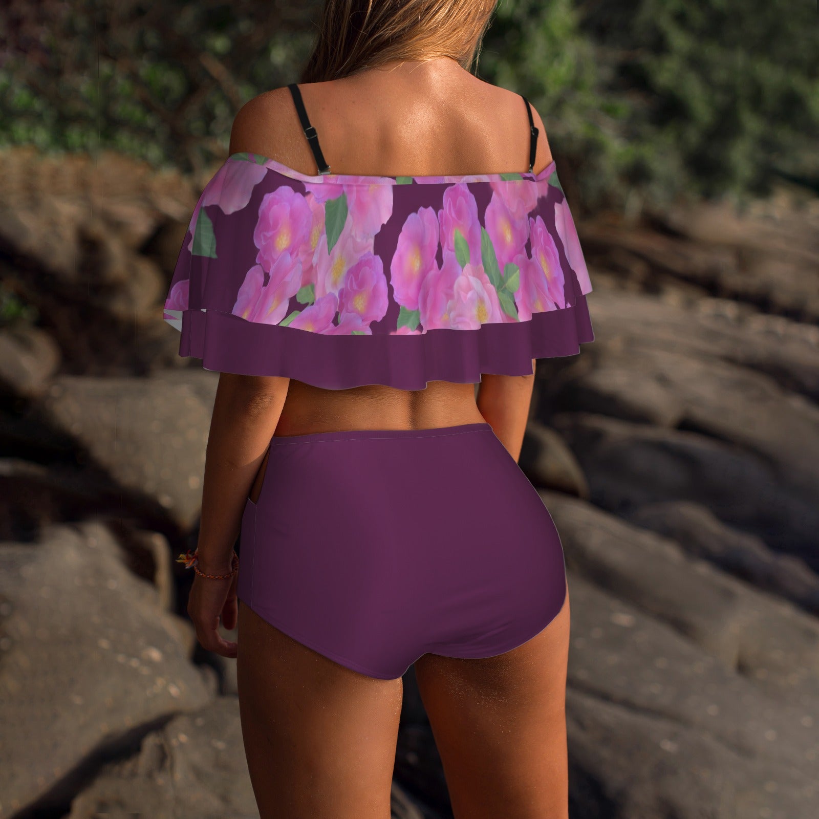 Women's Ruffle Layers Off Shoulder Bikini Swimwear Set Floral Rose Purples