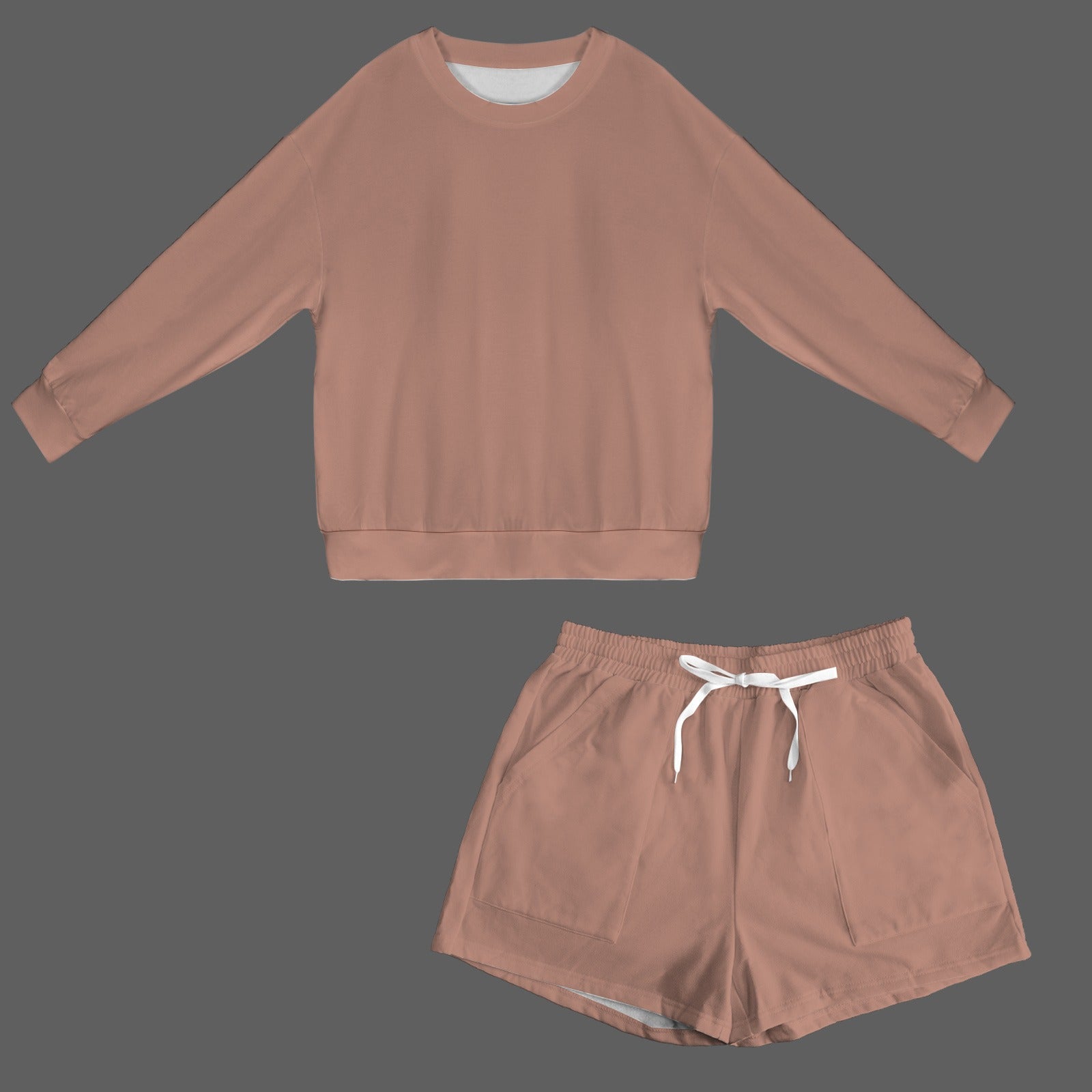 Copper Rose Long Sleeve Fleece Sweatshirt & Drawstring Shorts Set