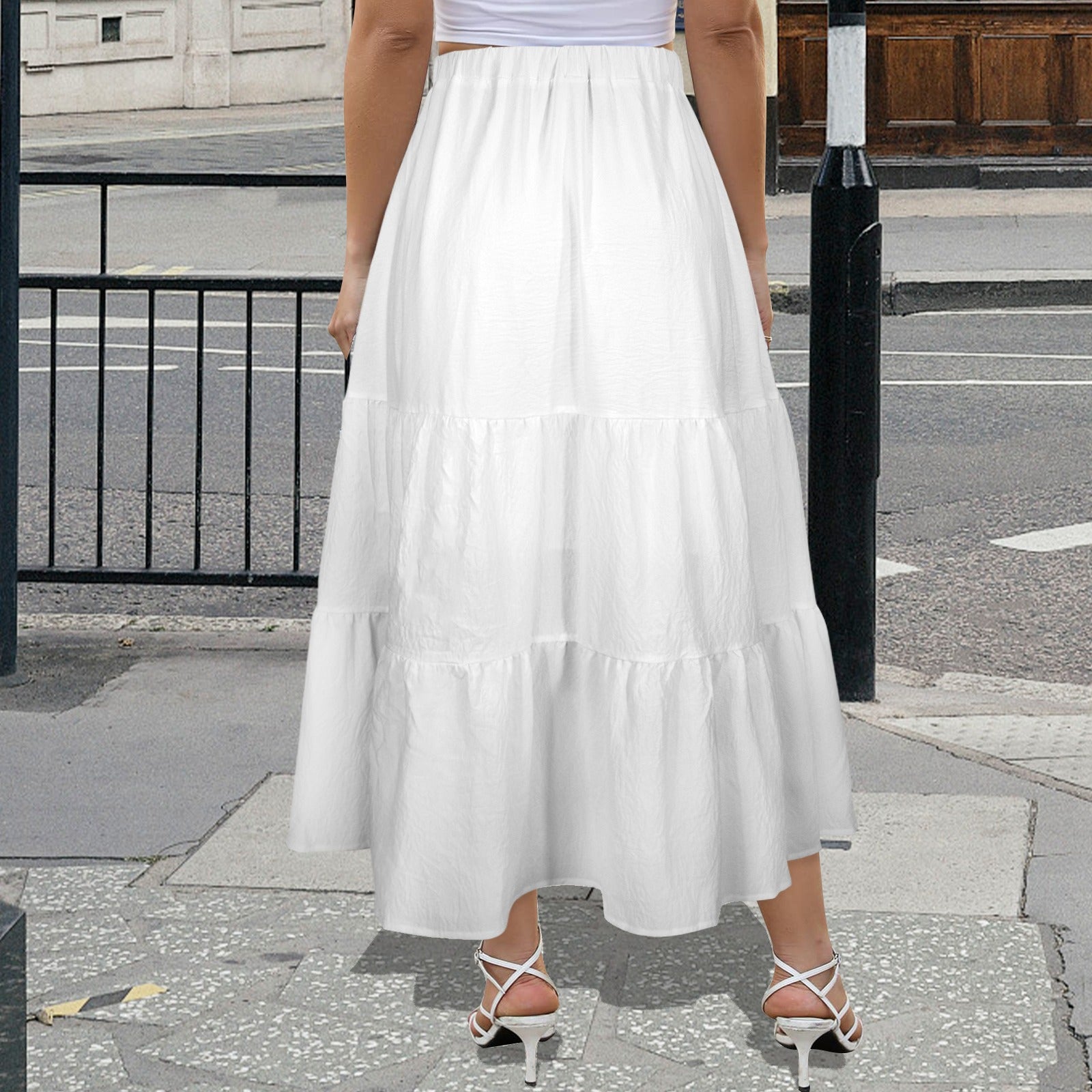 Elastic Waist Tiered Ruffle Hem Pocket Maxi Skirt White