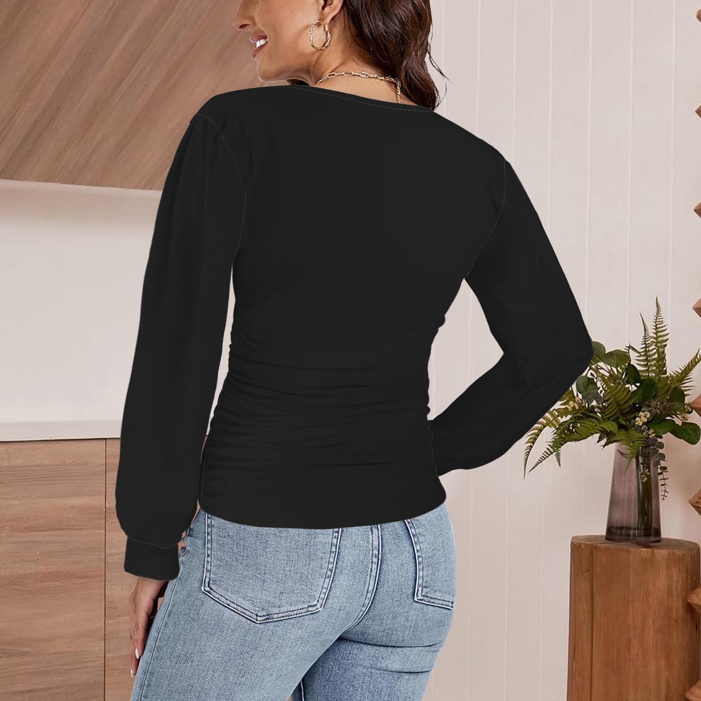 V-Neck Ruched Long Sleeve Blouse Black