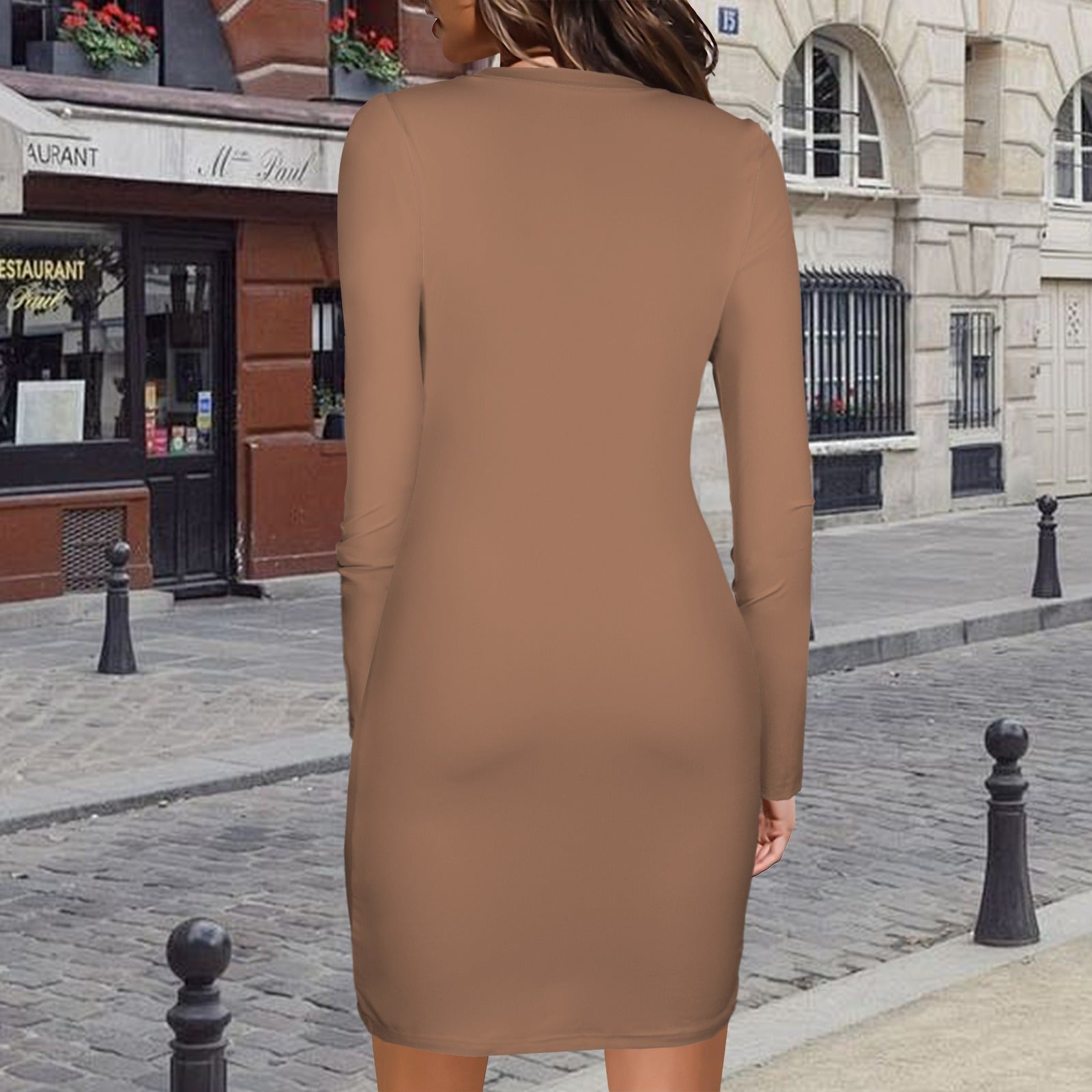 Crew Neck Long Sleeve Bodycon Dress Beige Brown