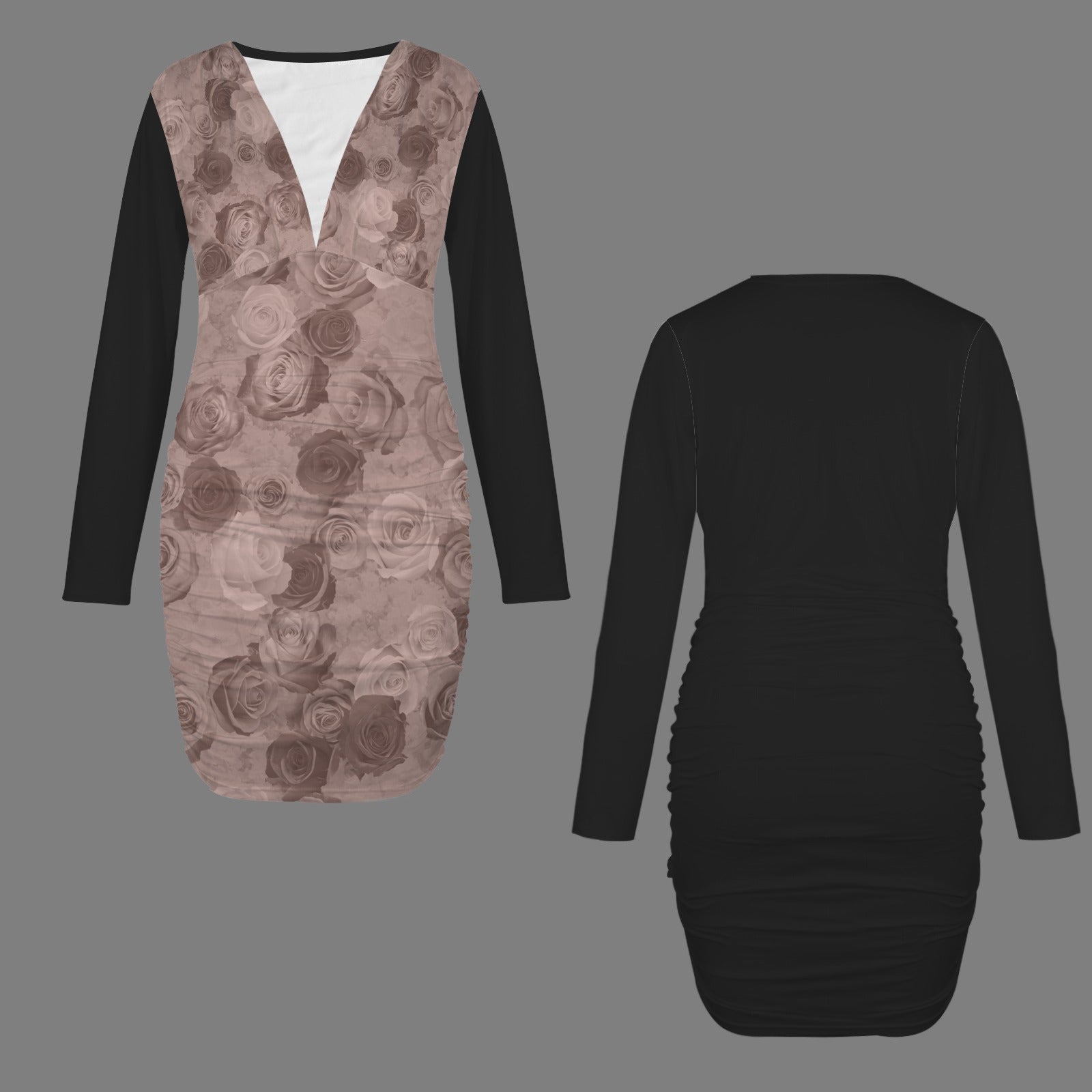 Mauvy Taupe Roses & Black Print Fitted V-Neck Long Sleeve Dress