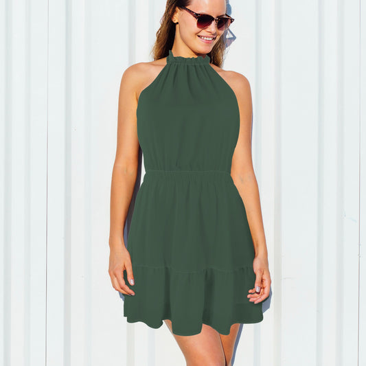 High Neck Sleeveless Off-shoulder Casual Dress Dark Olive