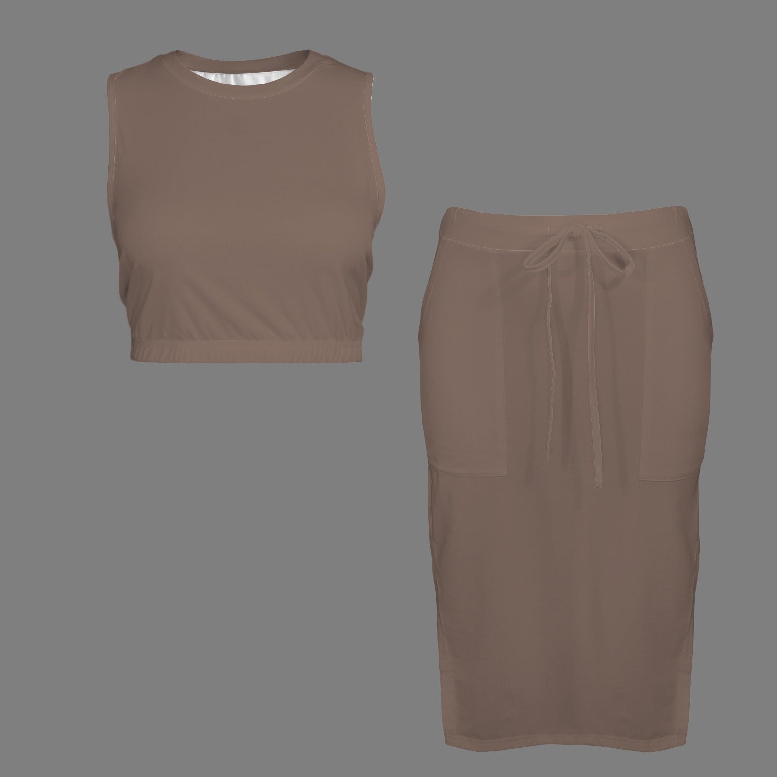 Warm Taupe Two Piece Skirt & Sleeveless Tank Set with Pockets & Tie Waist