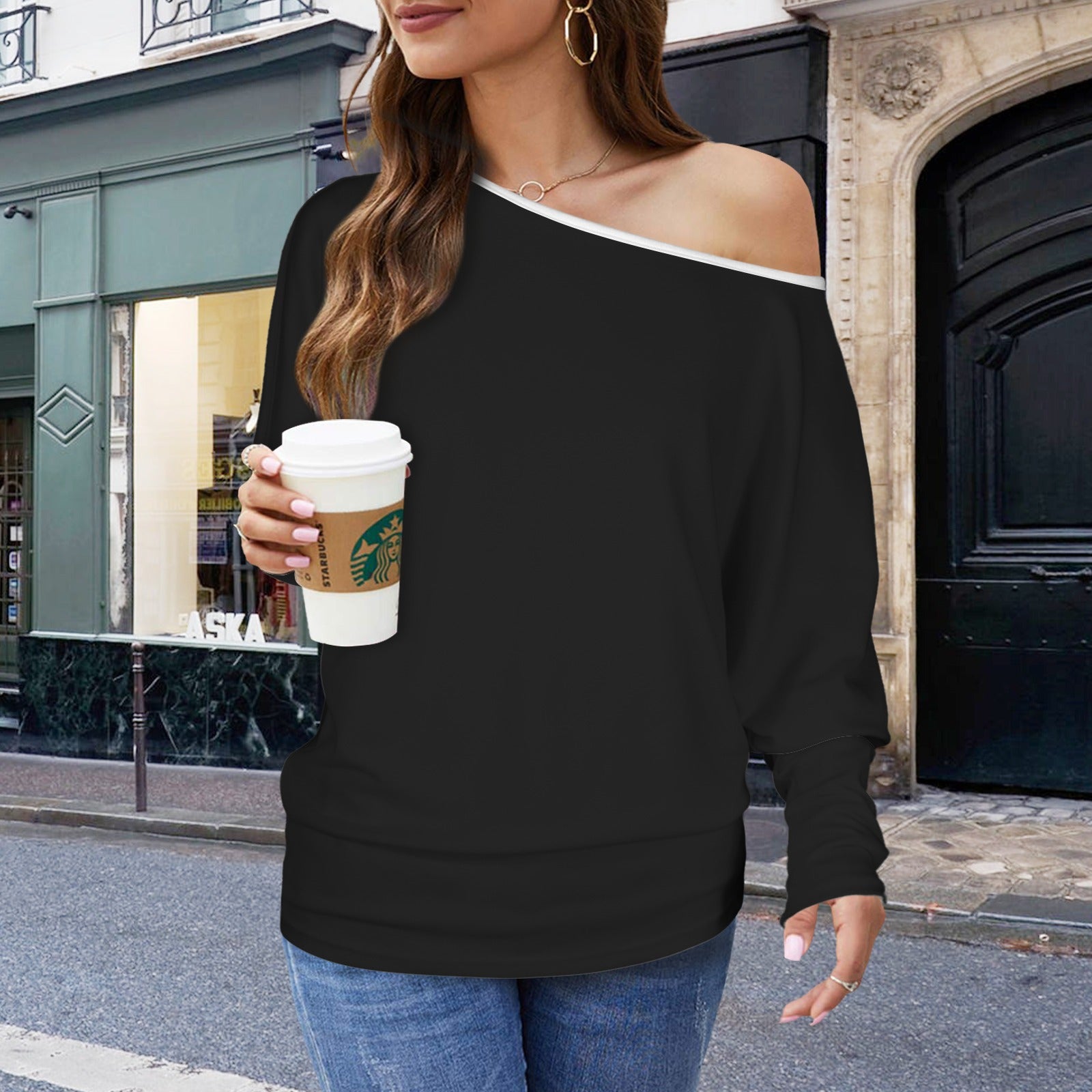 Casual Long Batwing Sleeve Off Shoulder Sweater Top Black