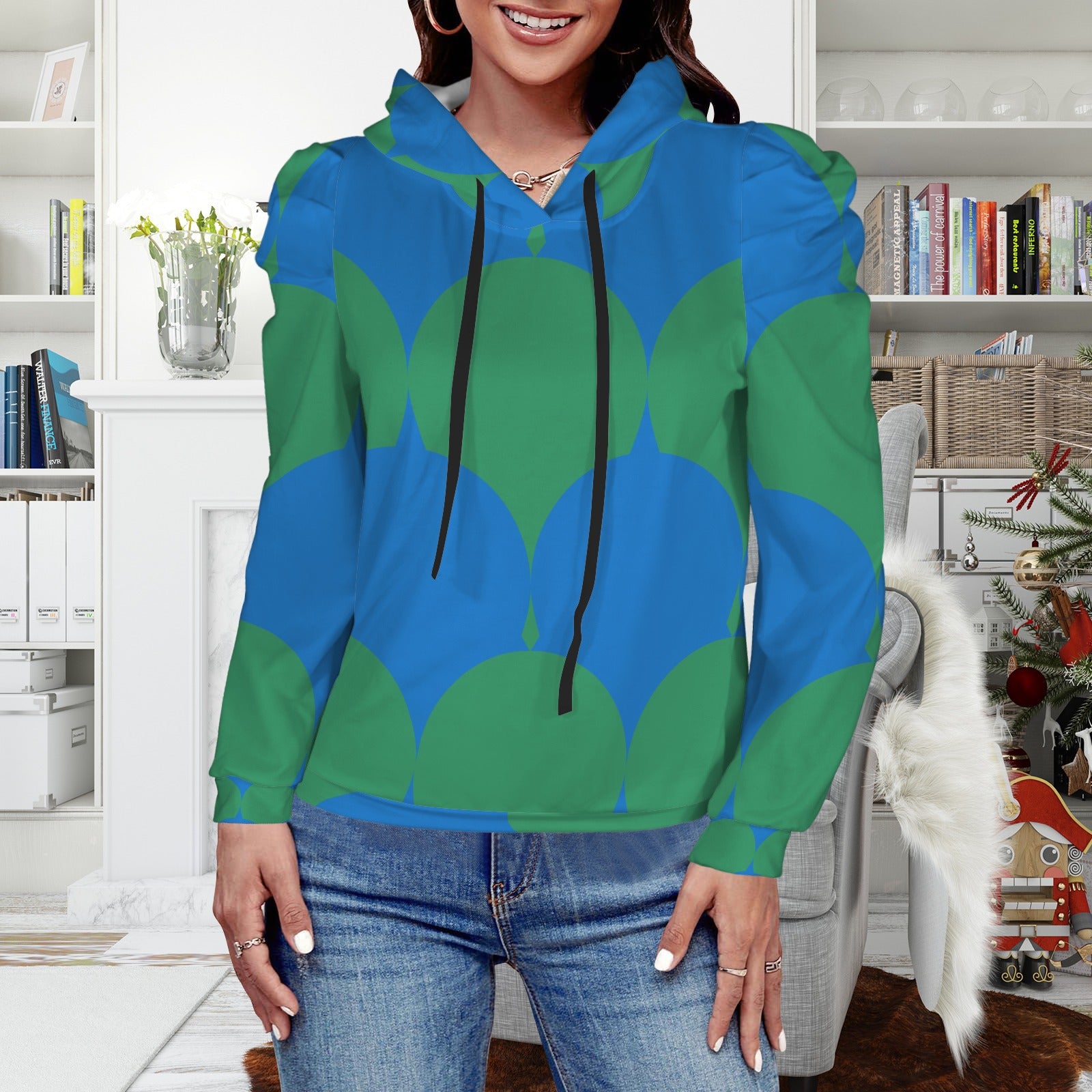 Pleated Puff Sleeve Hooded Fleece Sweatshirt Peacock Geo Print