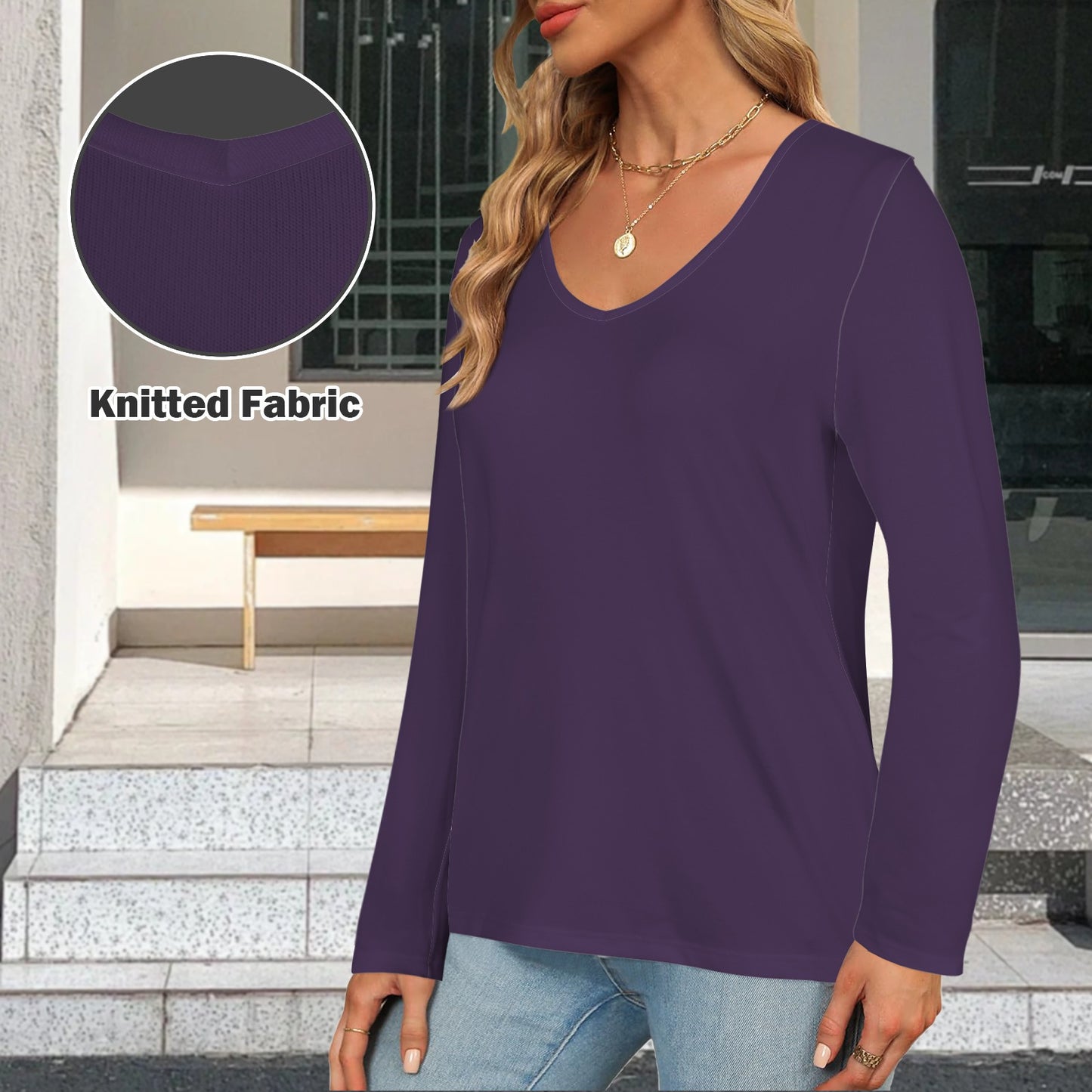 V Neck Long Sleeve Pullover Top Plum