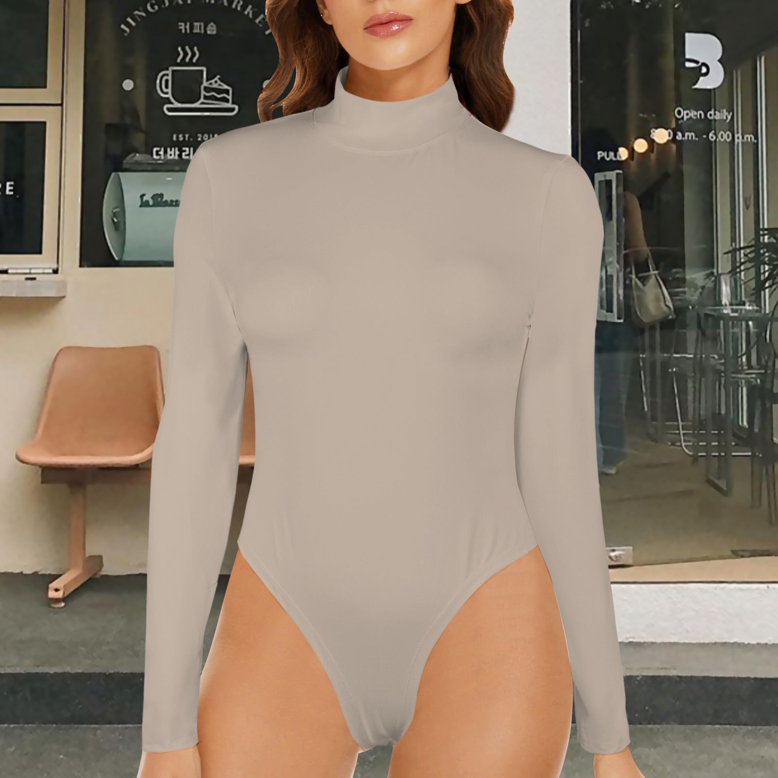 Turtle Neck Long Sleeve Bodysuit Light Beige