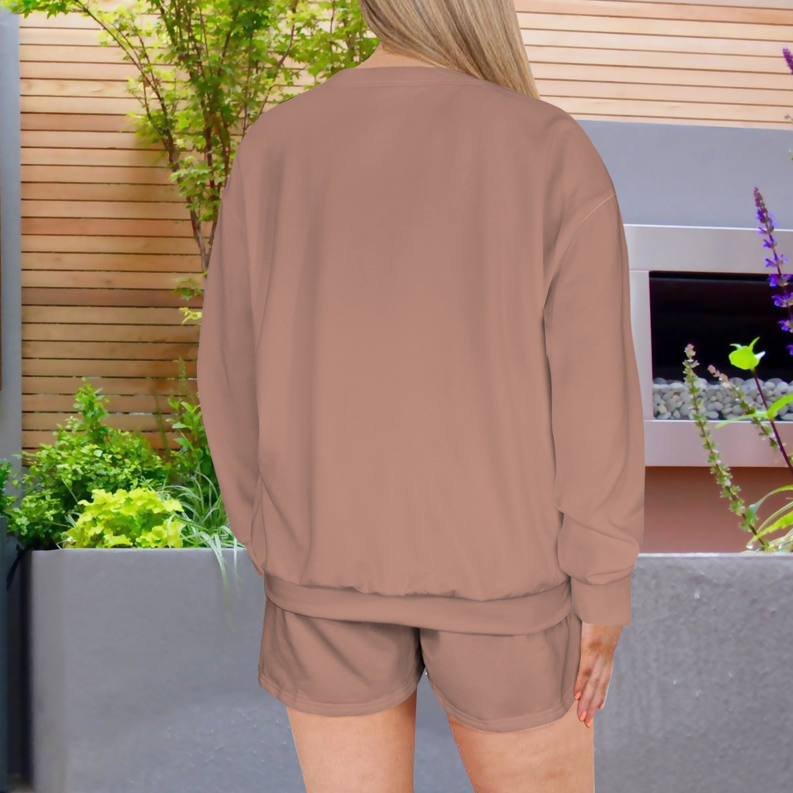 Copper Rose Long Sleeve Fleece Sweatshirt & Drawstring Shorts Set