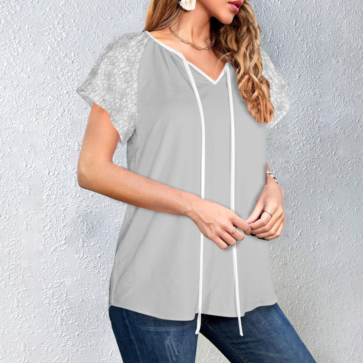 V-Neck Drawstring Blouse Tops Grey White Floral