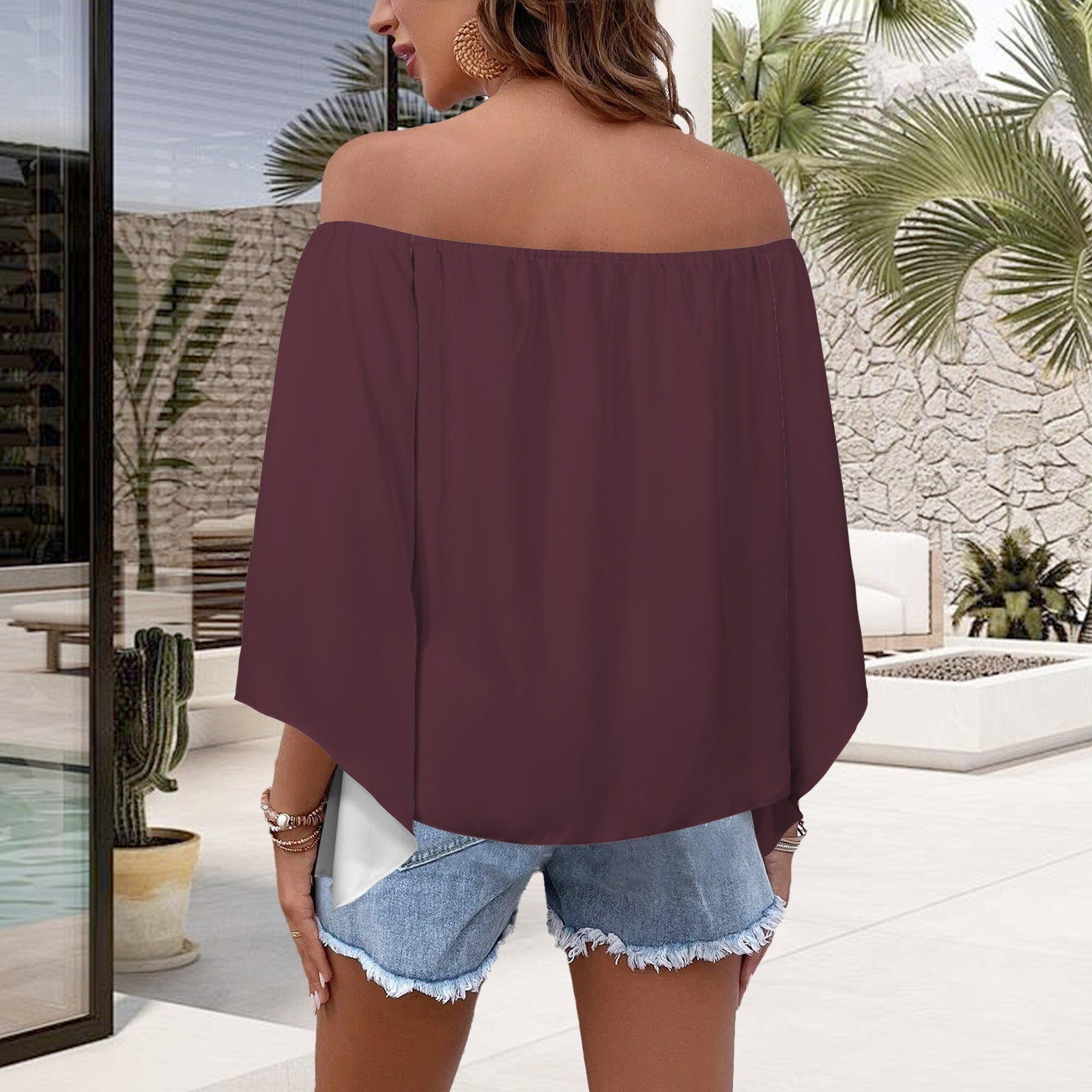 Off Shoulder Trumpet Sleeve Blouse Black Berry