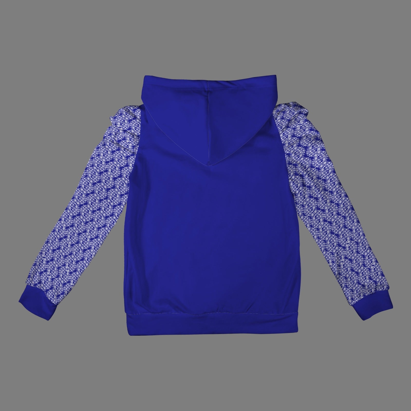 Pleated Puff Sleeve Hooded Fleece Sweatshirt Royal Blue White Floral