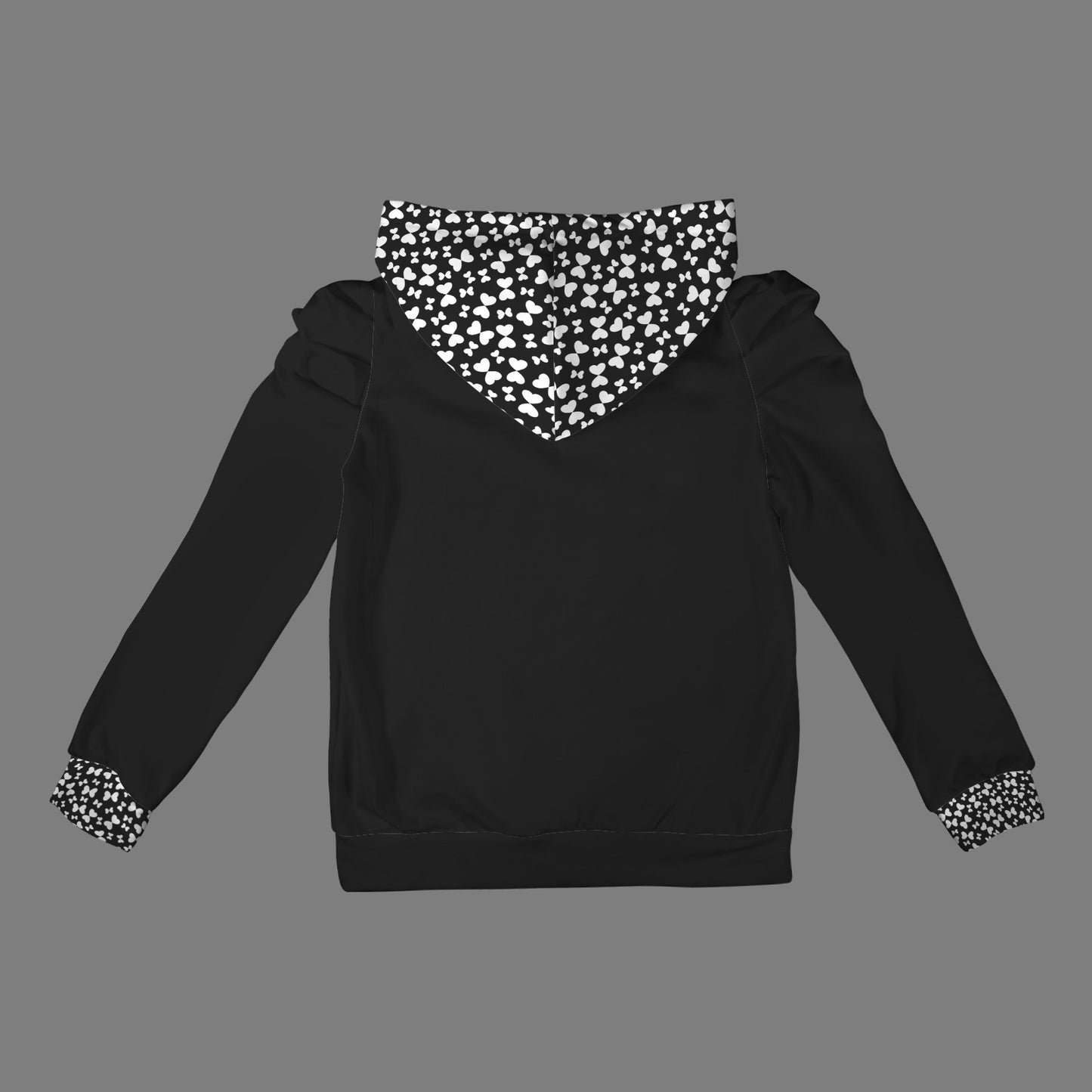 Pleated Puff Sleeve Hooded Fleece Sweatshirt BW Butterflies Print