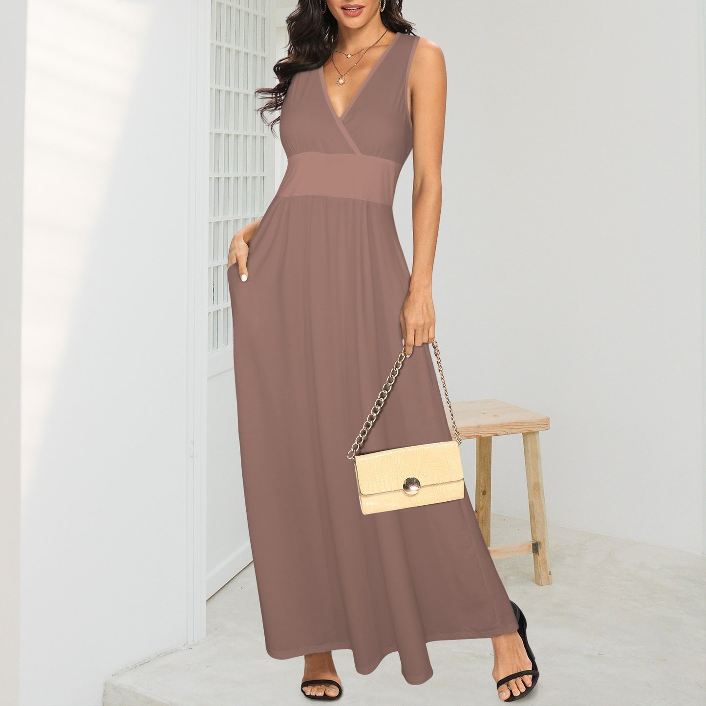 Dark Natural Neutral Maxi Dress Sleeveless V-Neck