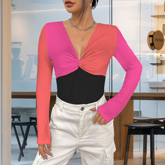 Grapefruit Twist V Neck Long Sleeve Slim Fit Top