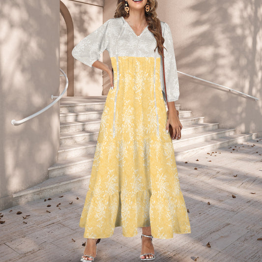 V Neck Half Sleeve Maxi Dress Yellow Natural Floral