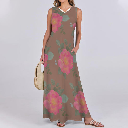 Sleeveless Maxi Dress Roses Brown