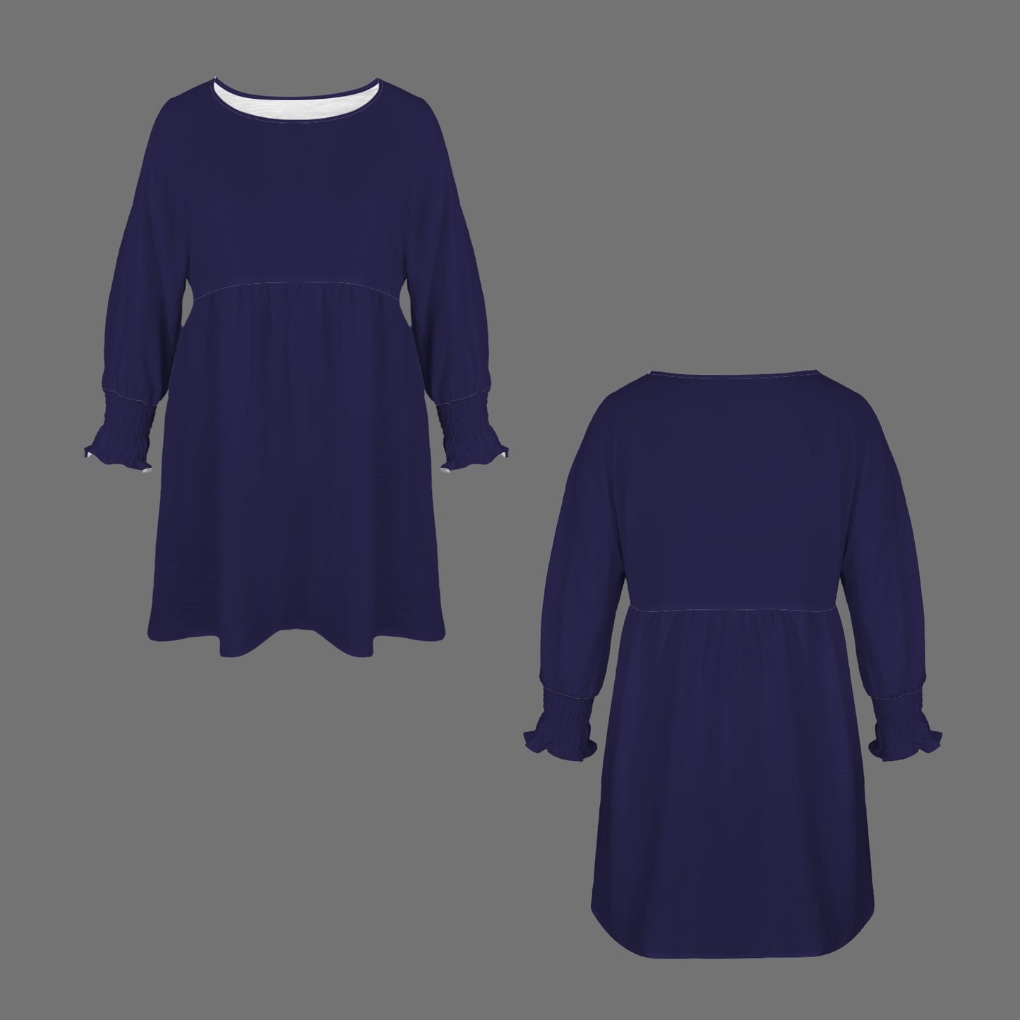 Black Crew Neck Smocked Short Sleeve Tunic Casual Style Dress Night Blue