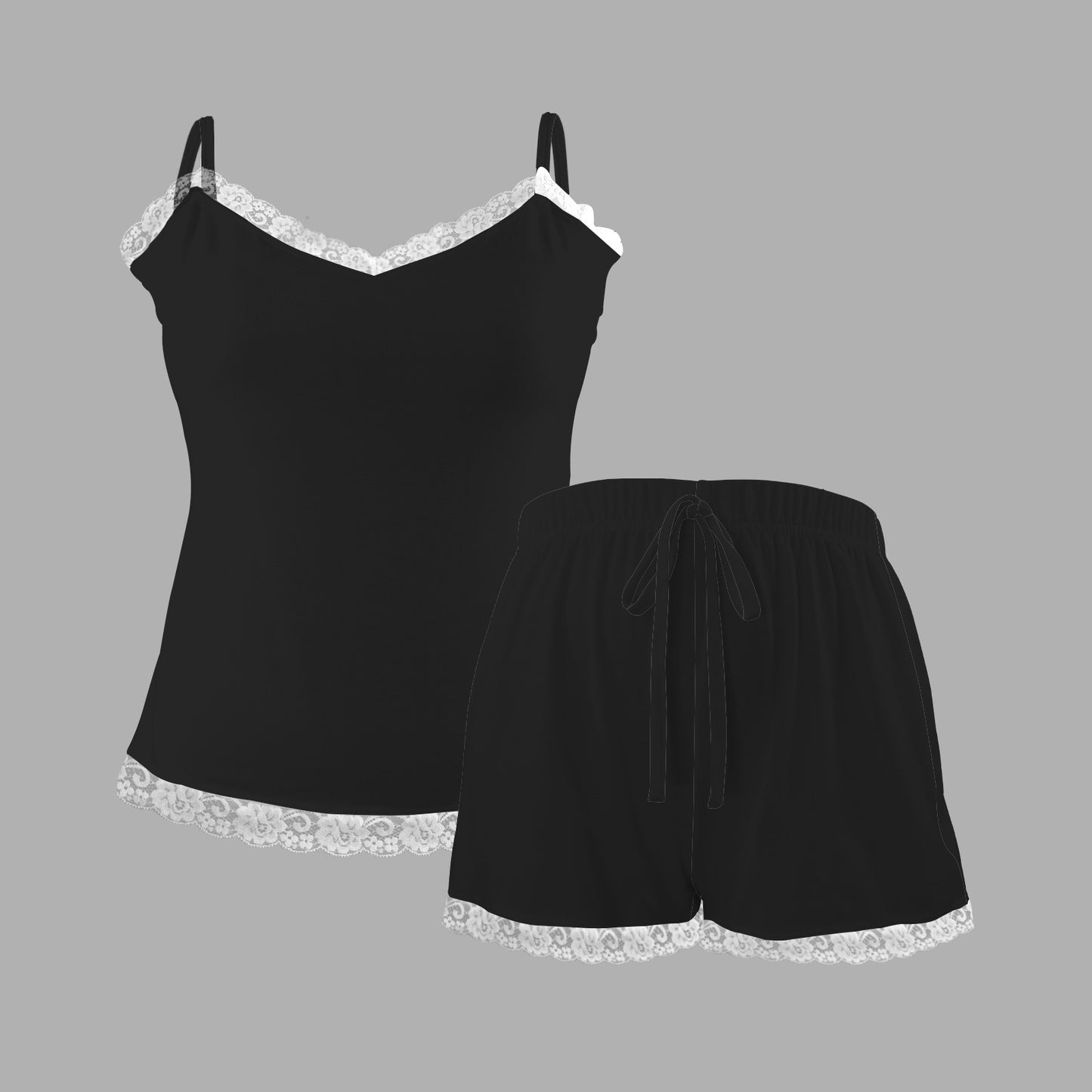 Black Cami Shorts Lounge Set with Lace