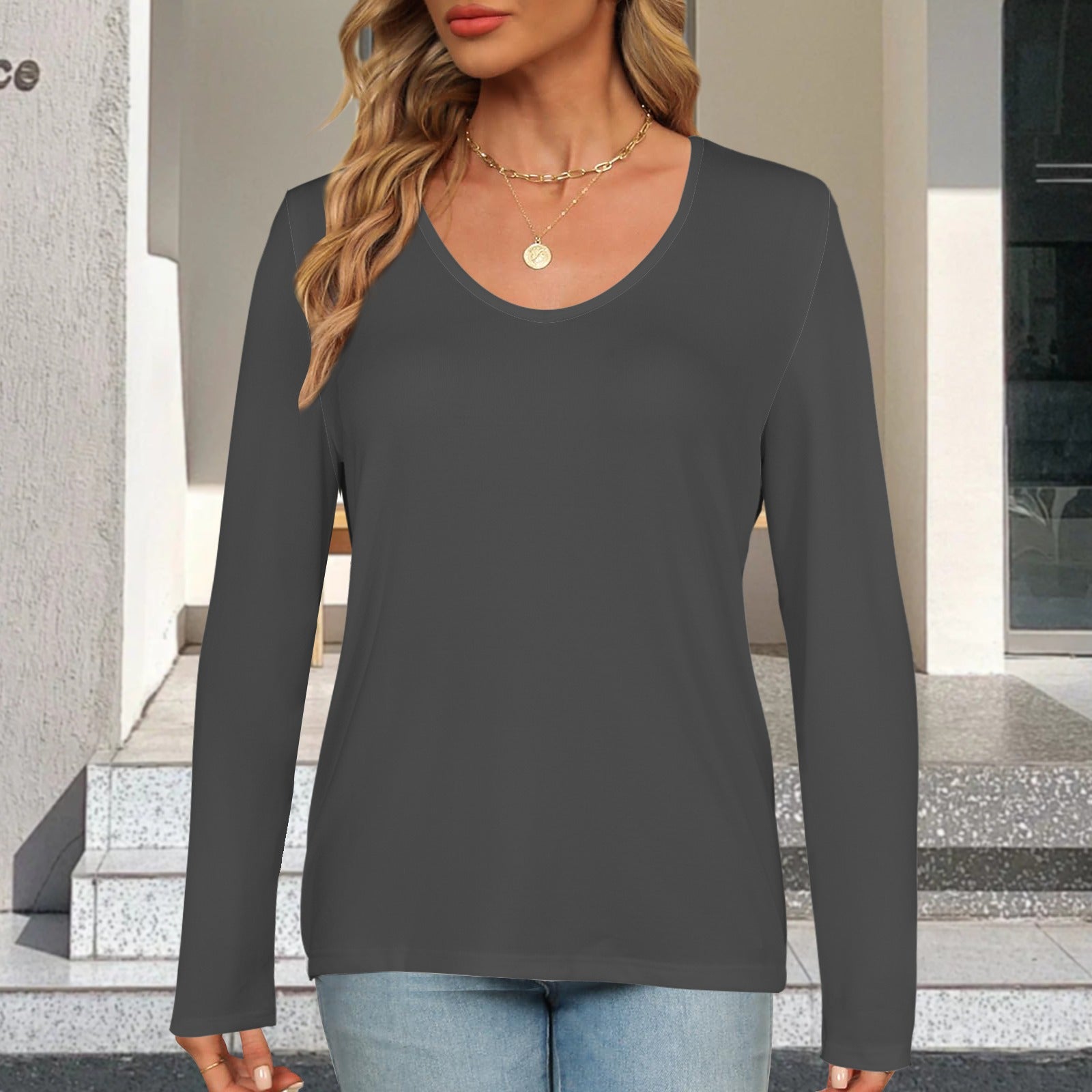 V Neck Long Sleeve Pullover Top Grey