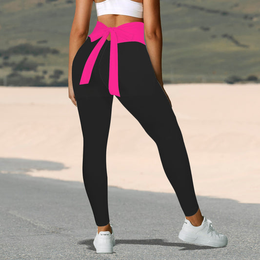 High Waist Bow Decor Yoga Leggings Black Magenta