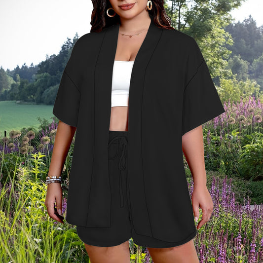 Open Front Lightweight Cardigan Top & Drawstring Waist Shorts Set Black