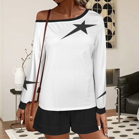 Slanted Off Shoulder Sweatshirt & Elastic Waist Shorts Set é Star White Black