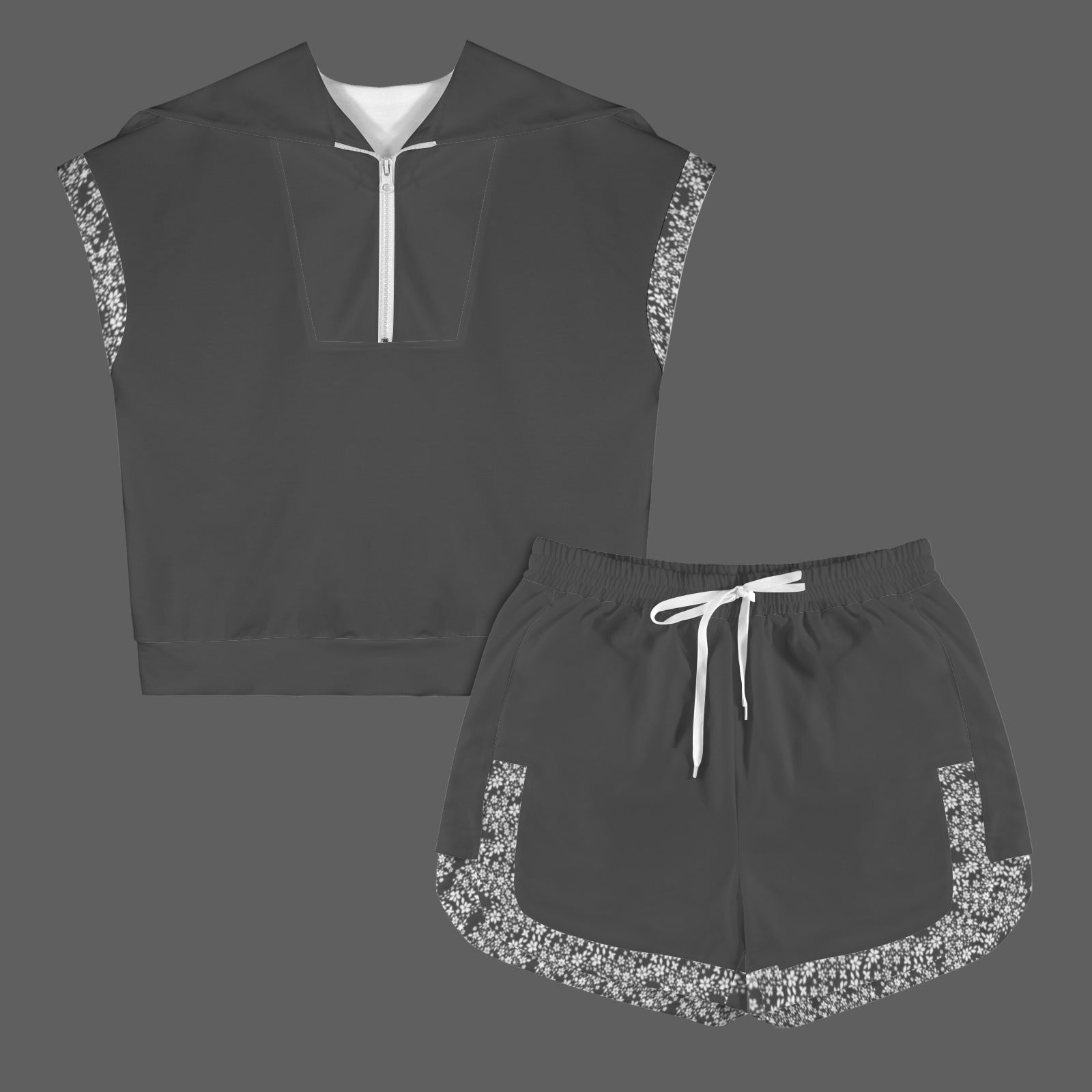 Dark Grey & White Floral Short Sleeve Lapel Half Zip Top & Drawstring Shorts Set