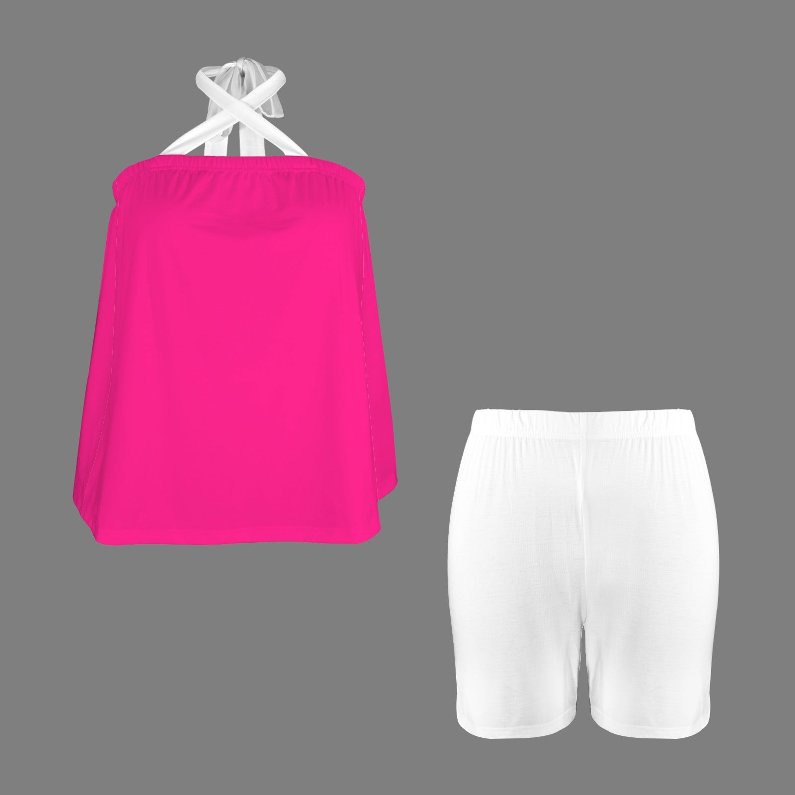 Halter Neck Backless Top & Shorts Set Magenta & White