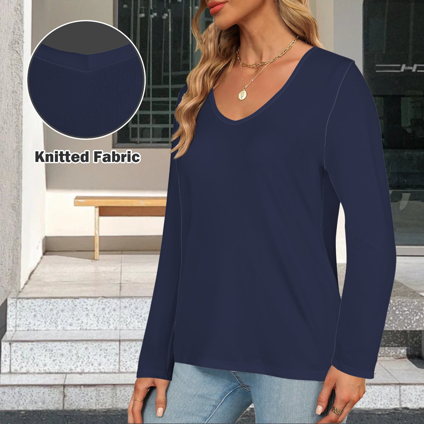 V Neck Long Sleeve Pullover Top Night