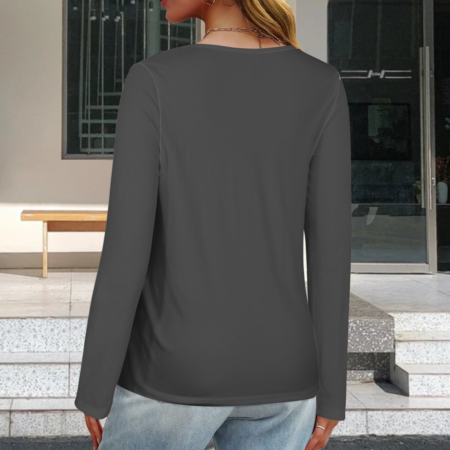 V Neck Long Sleeve Pullover Top Grey