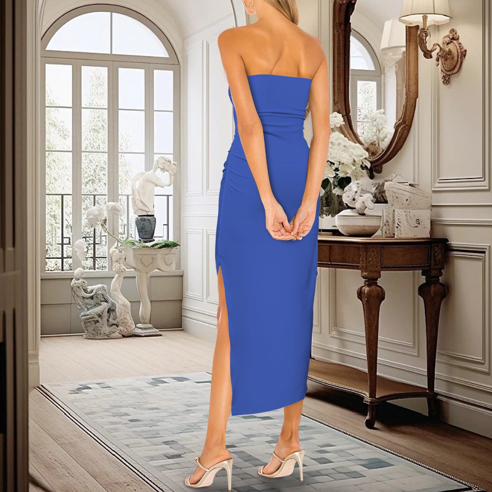 Strapless Side Slit Maxi Slim Fit Dress Blue