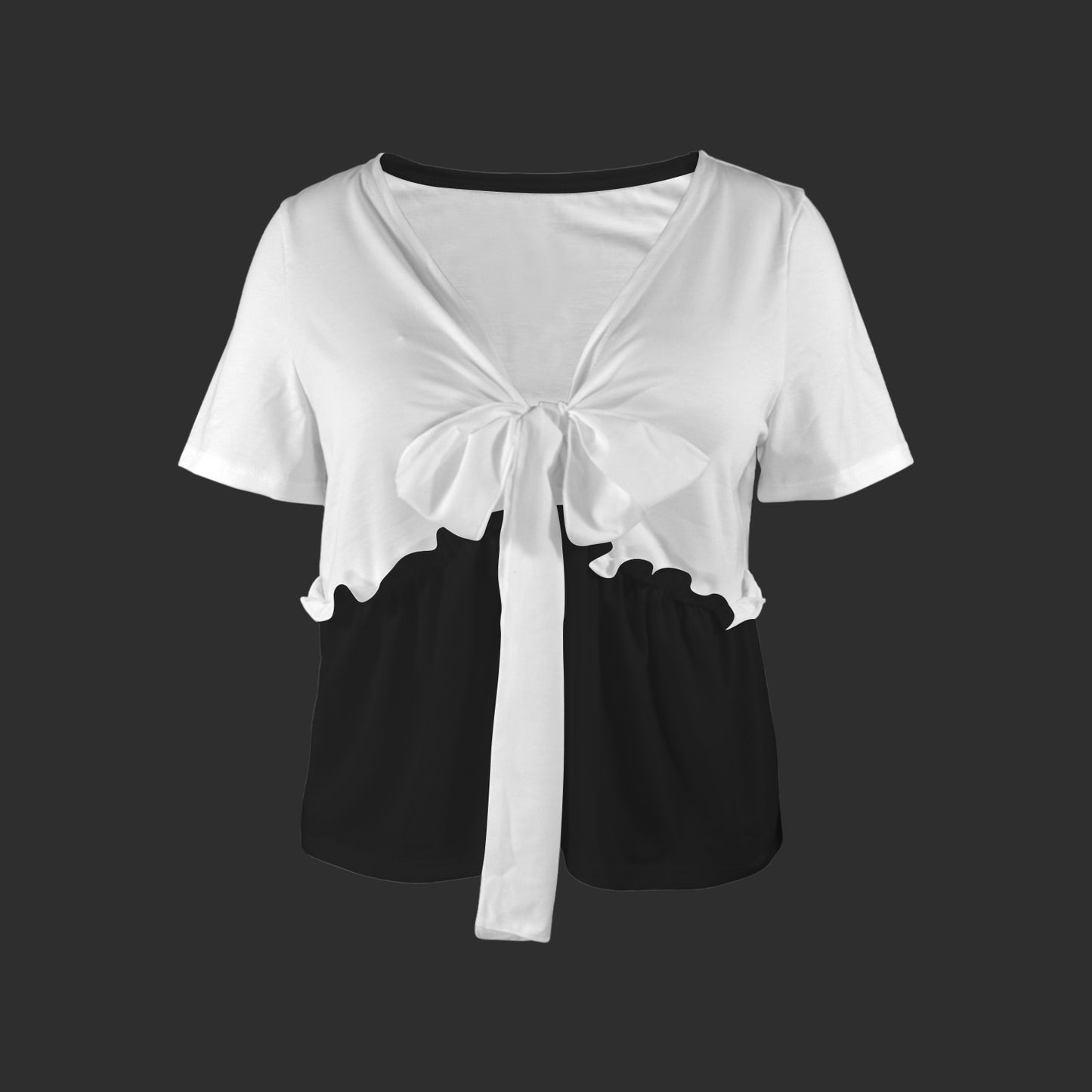 V-Neck Short Sleeve Knotted Front Blouse Top Flattering B&W