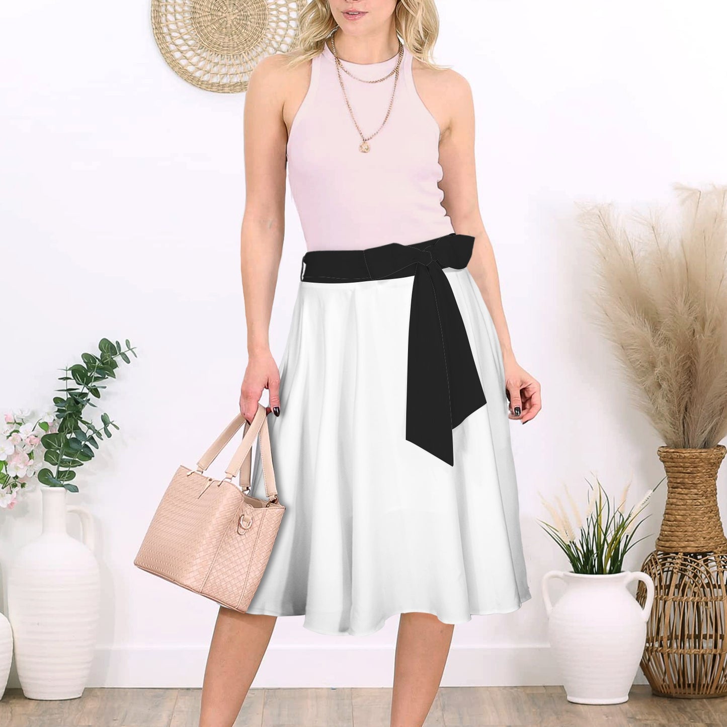 High Waist Bowknot Front A-line Skirt White with Black Bow