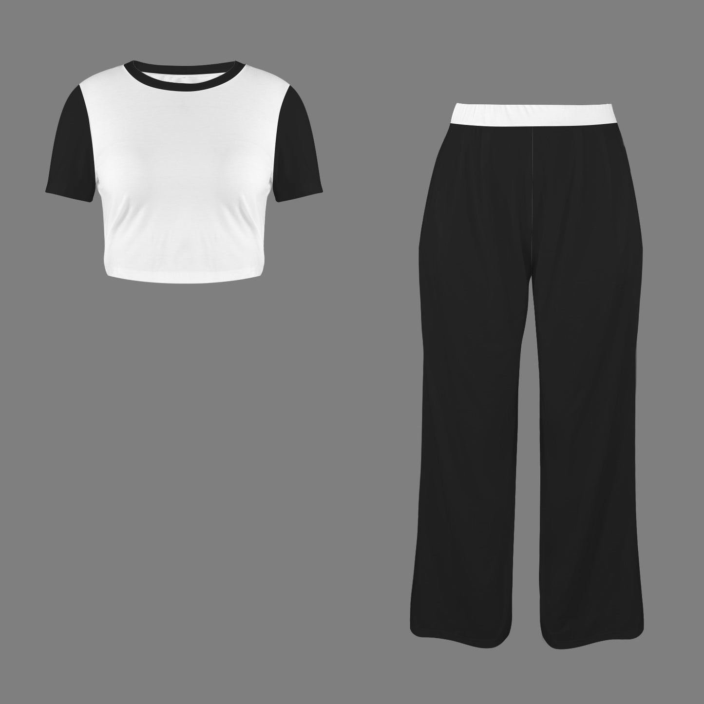 Crew Neck Short Sleeve Crop Top & Wide Leg Pants Set BW